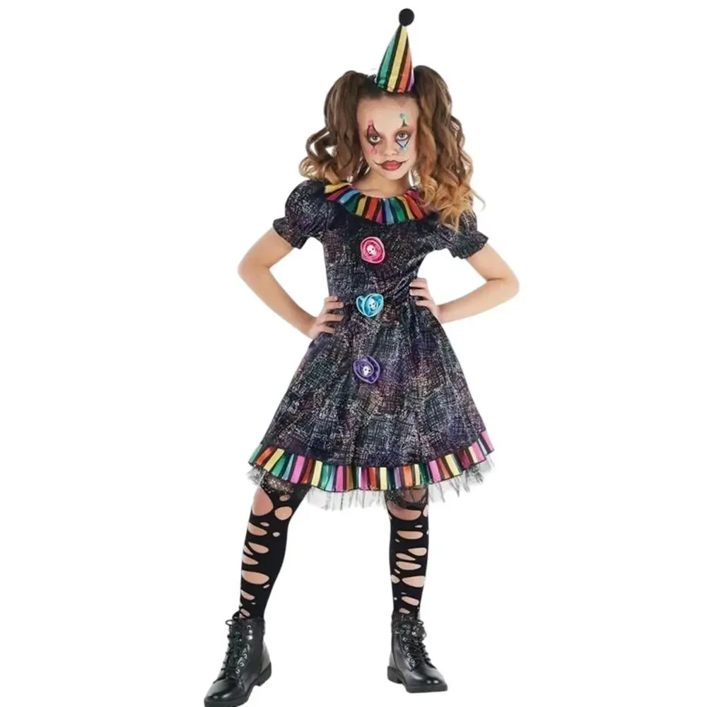 New black rainbow Morph Clown circus Costume Creepy Halloween girls large